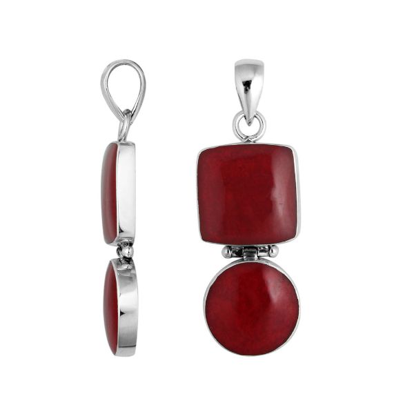 Sterling silver pendant featuring red coral in square and round shapes handcrafted in Bali