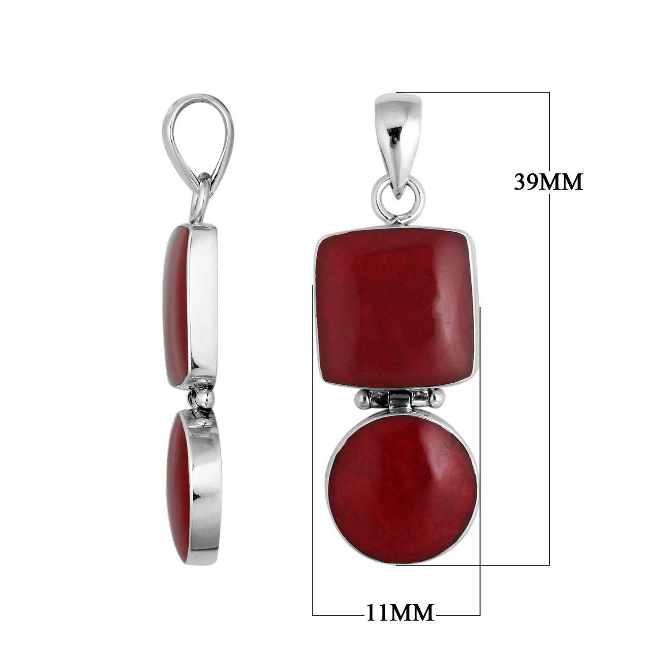 Sterling silver pendant featuring red coral in square and round shapes handcrafted in Bali
