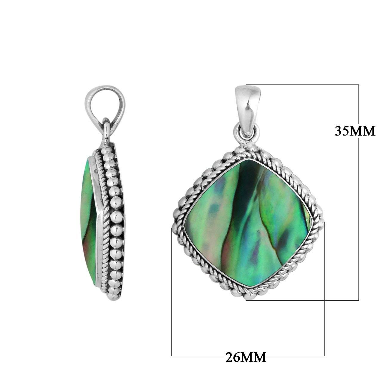 Sterling silver cushion shape pendant with abalone shell and detailed rope beaded edge handcrafted in Bali