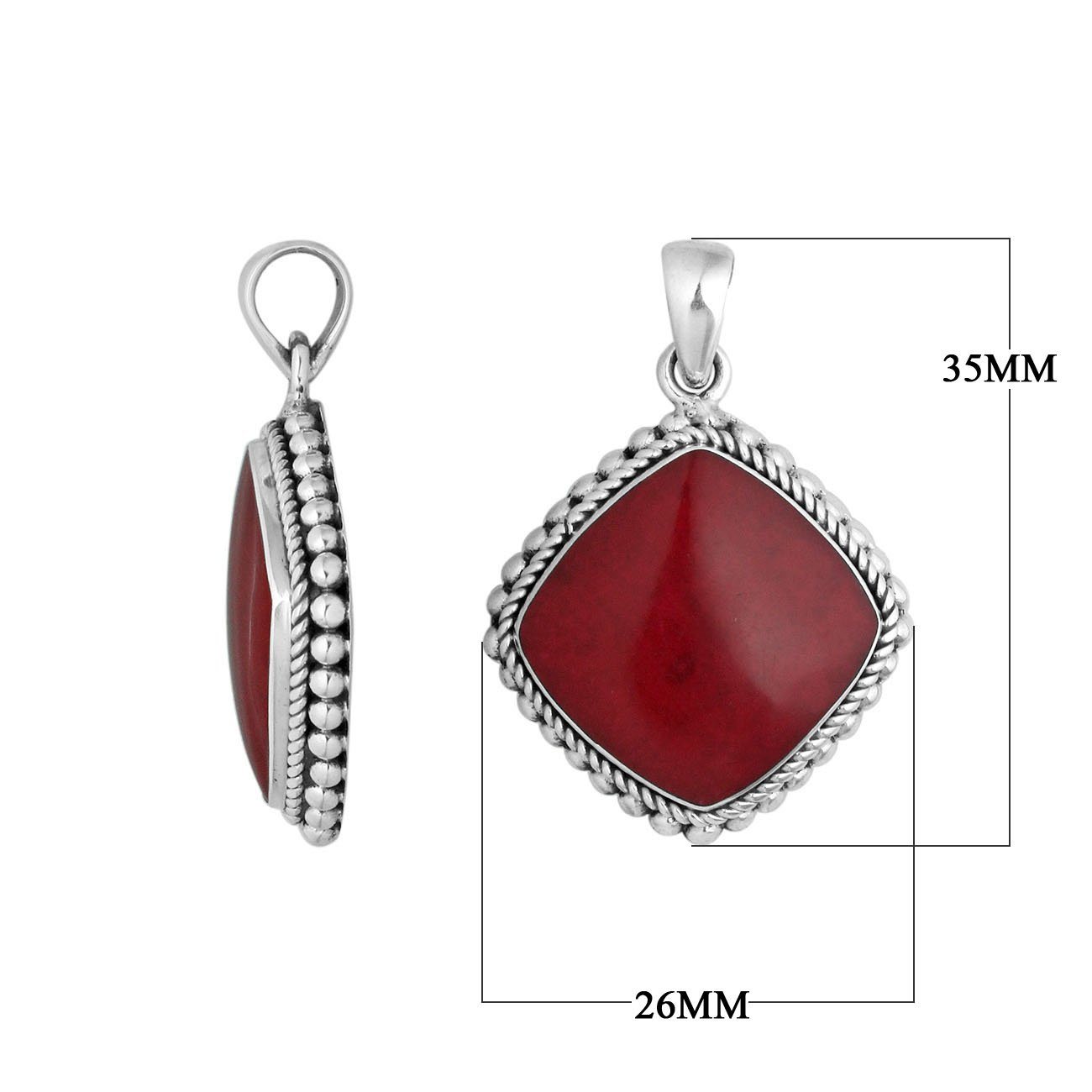 Sterling silver cushion shape pendant with red coral and rope beaded silver border handcrafted in Bali