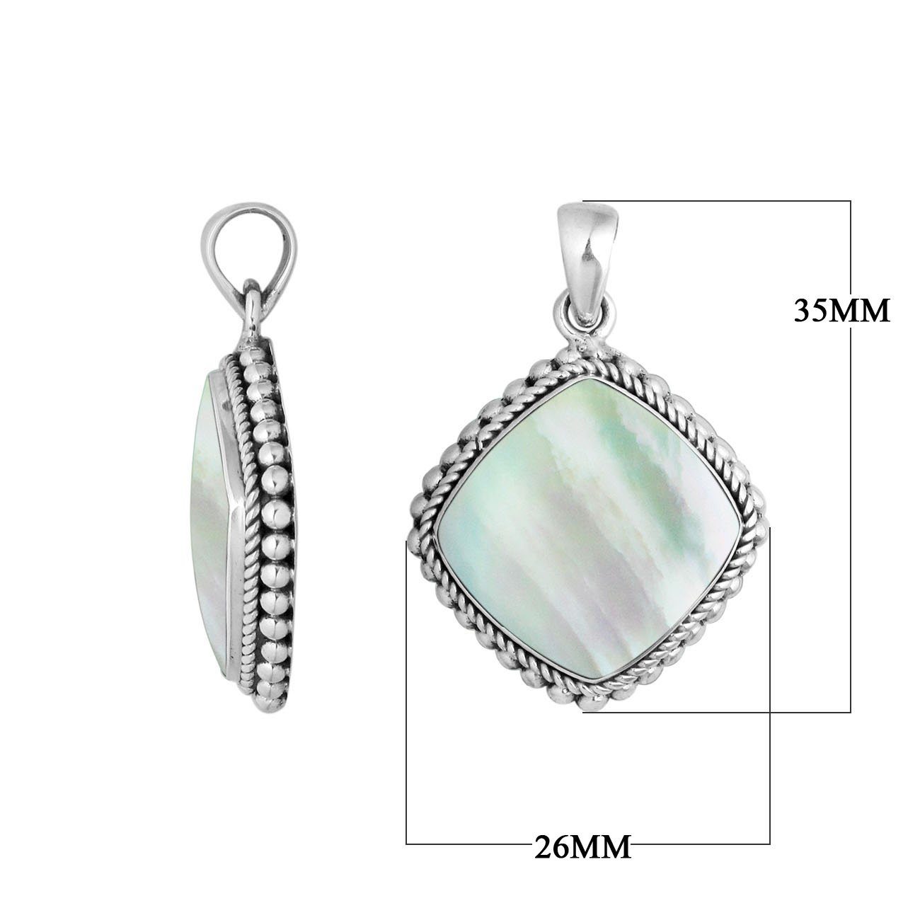 Sterling silver cushion shape pendant with mother of pearl and rope beaded silver frame handcrafted in Bali