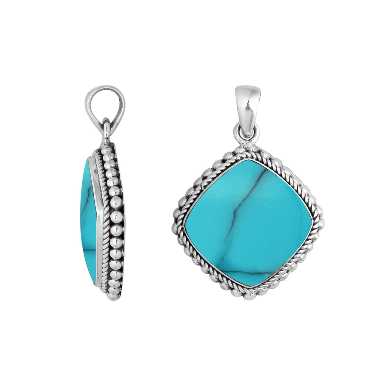 Sterling Silver Turquoise Shell Cushion Shape Pendant With Polished Rope Design