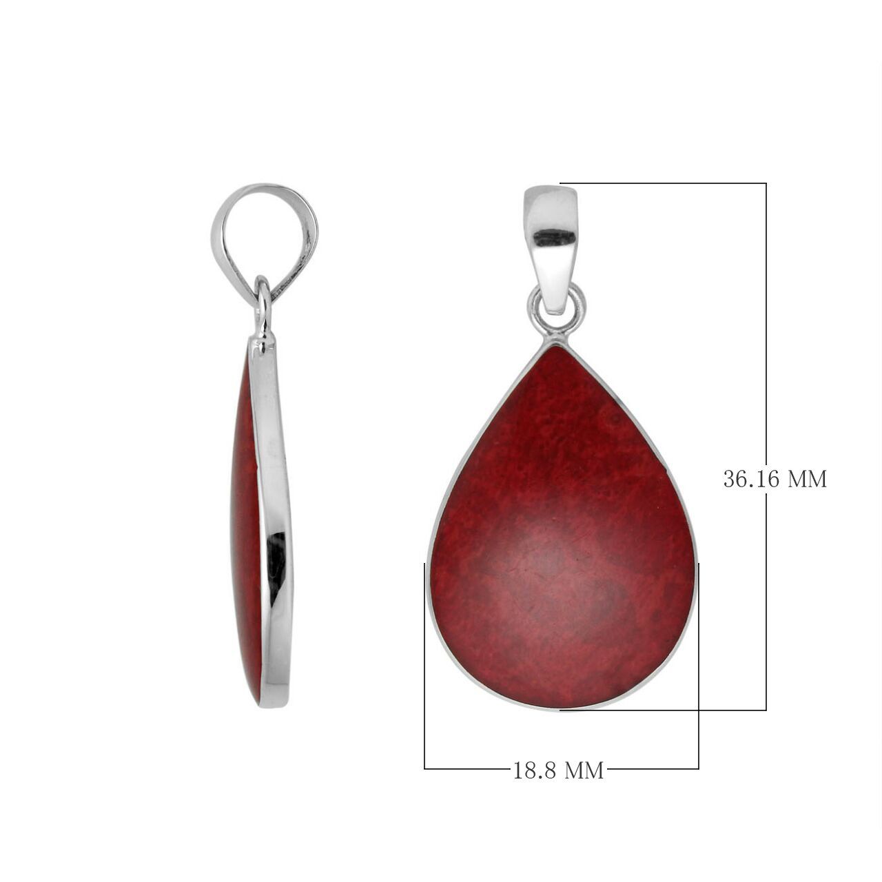 Sterling silver teardrop pendant with red coral and polished silver frame handcrafted in Bali