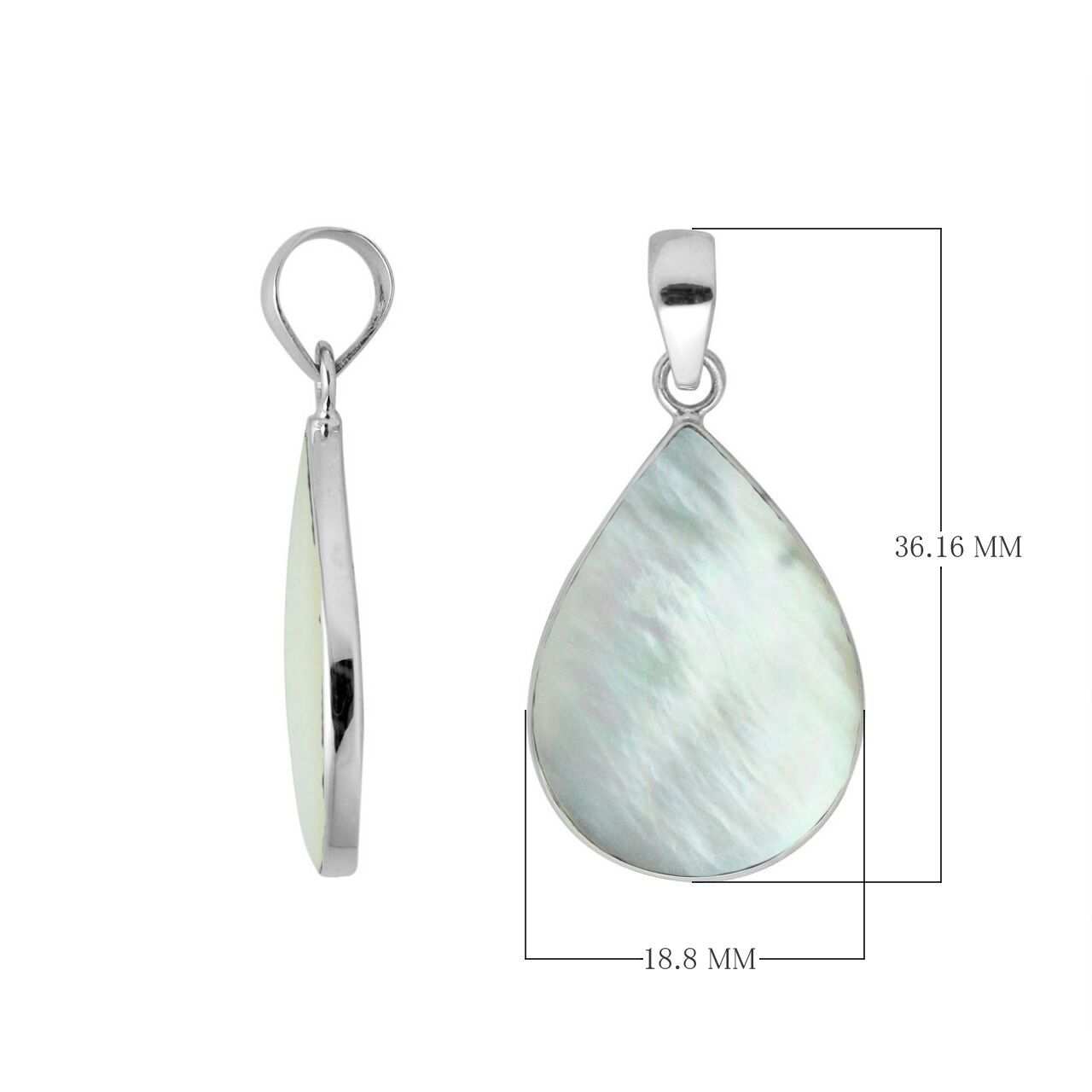 Sterling silver teardrop pendant with mother of pearl and polished silver frame handcrafted in Bali