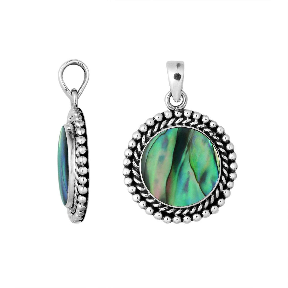 Sterling silver round pendant with abalone shell and rope beaded silver frame handcrafted in Bali