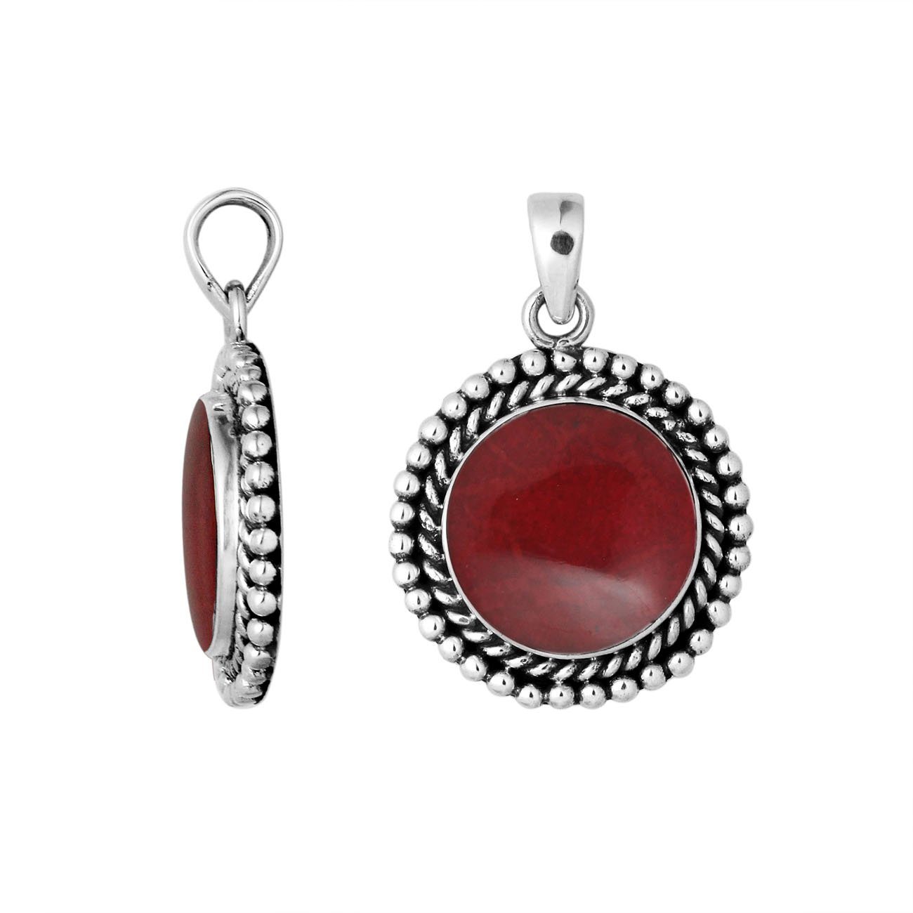 Sterling silver round pendant with red coral and rope beaded silver frame handcrafted in Bali