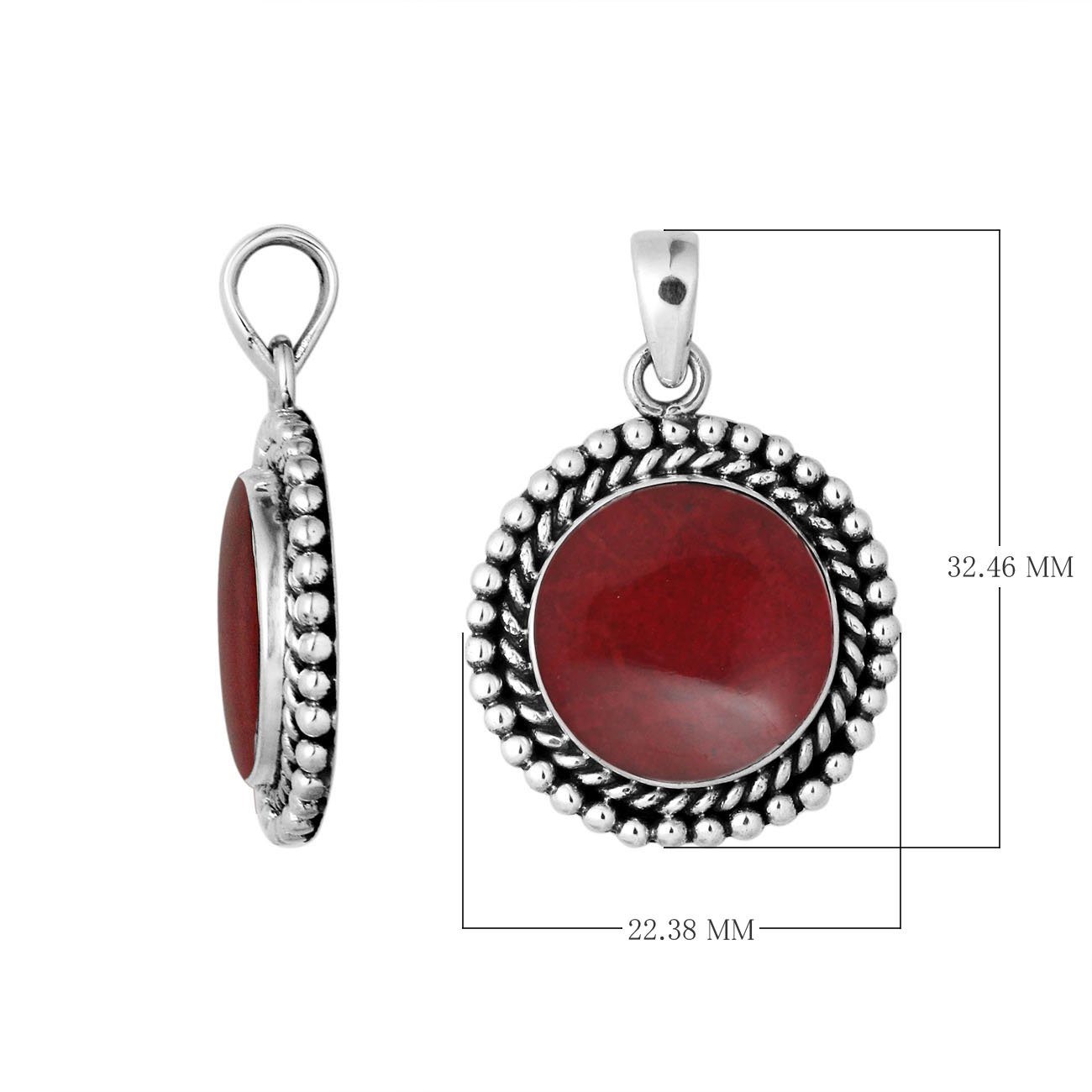 Sterling silver round pendant with red coral and rope beaded silver frame handcrafted in Bali