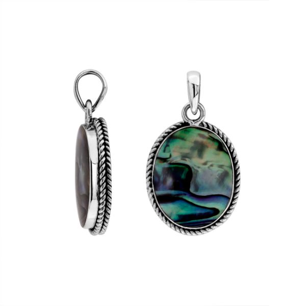 Sterling silver oval pendant with abalone shell and twisted rope silver frame handcrafted in Bali