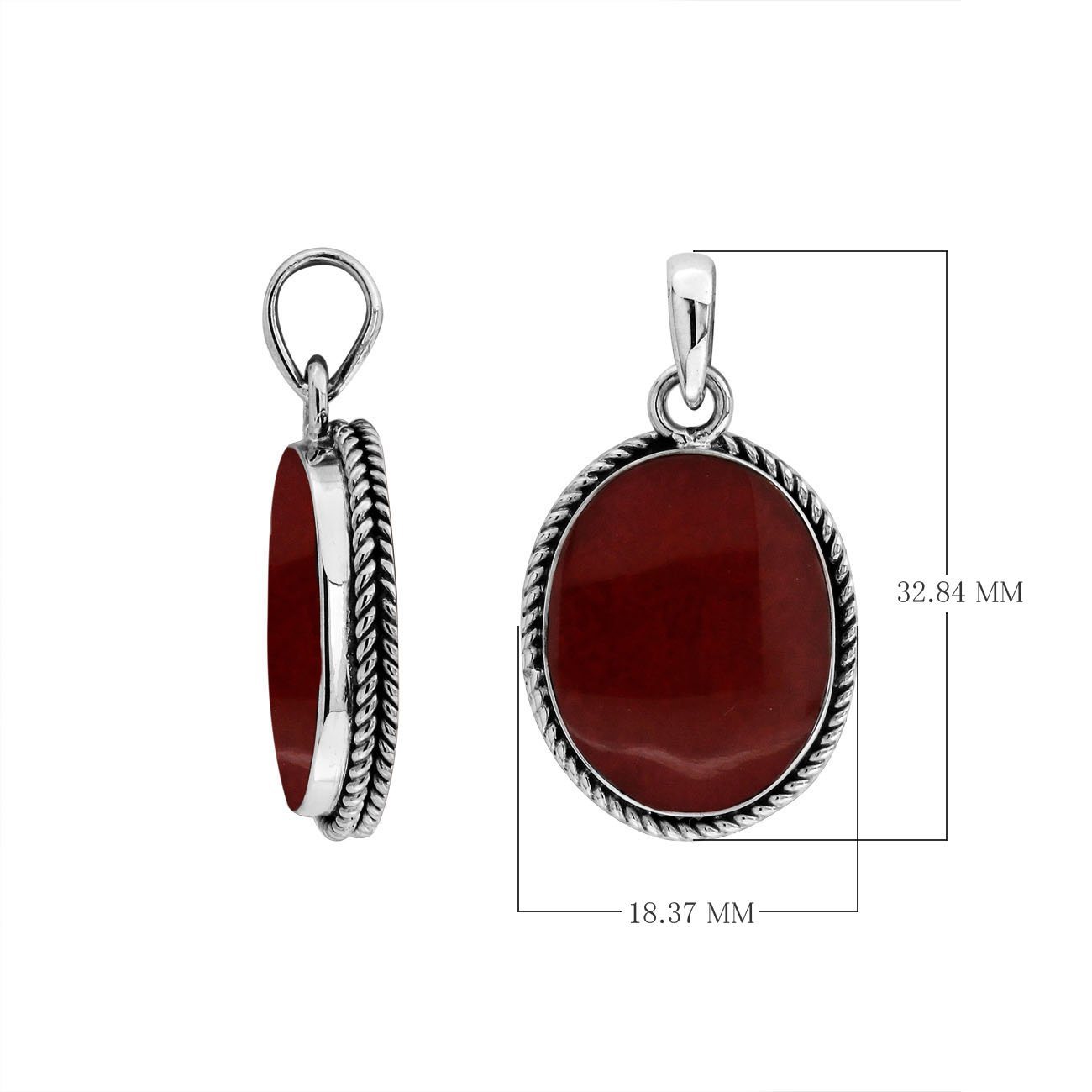 Sterling silver oval pendant with red coral and twisted rope silver frame handcrafted in Bali