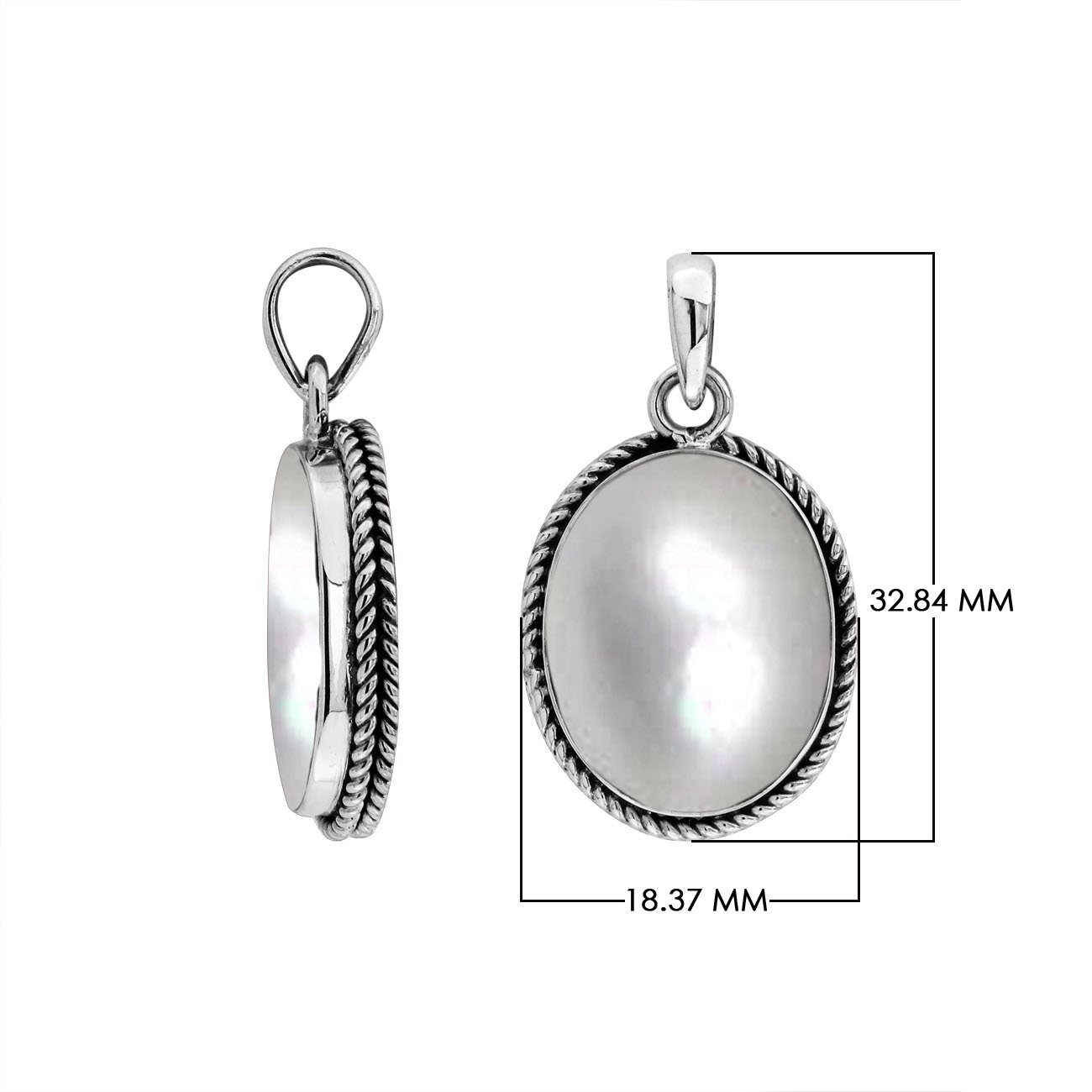 Sterling silver oval pendant with mother of pearl and twisted rope silver frame handcrafted in Bali