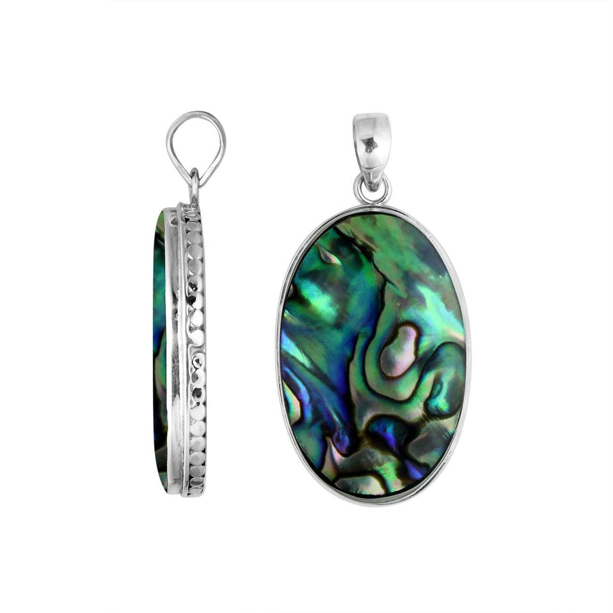 Sterling silver oval pendant with abalone shell and hammered silver edge handcrafted in Bali