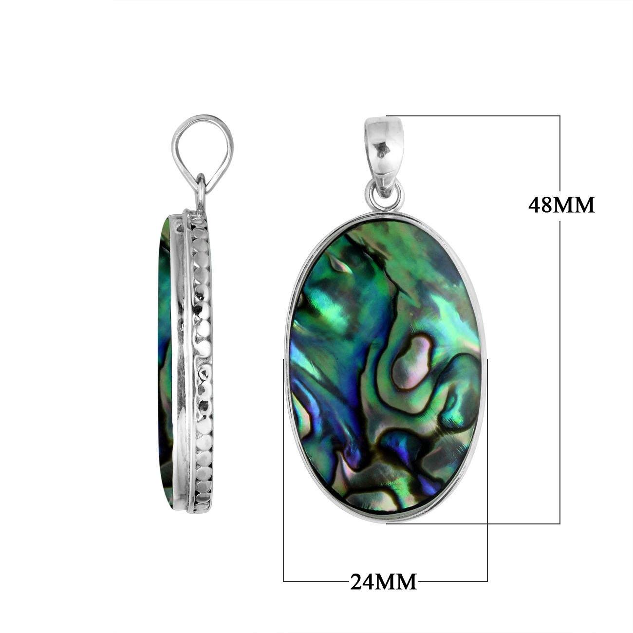 Sterling silver oval pendant with abalone shell and hammered silver edge handcrafted in Bali