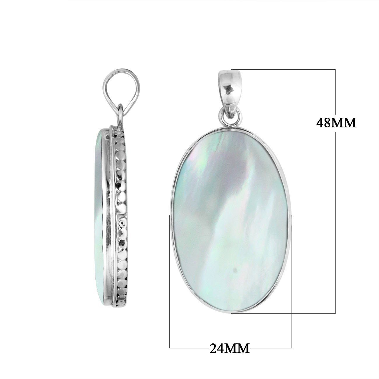 Sterling silver oval pendant with mother of pearl and hammered silver frame handcrafted in Bali