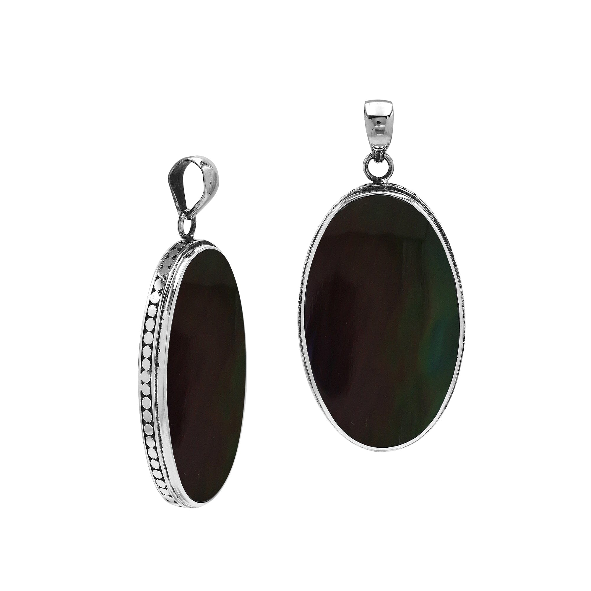 Sterling silver oval pendant with black shell and hammered silver frame handcrafted in Bali