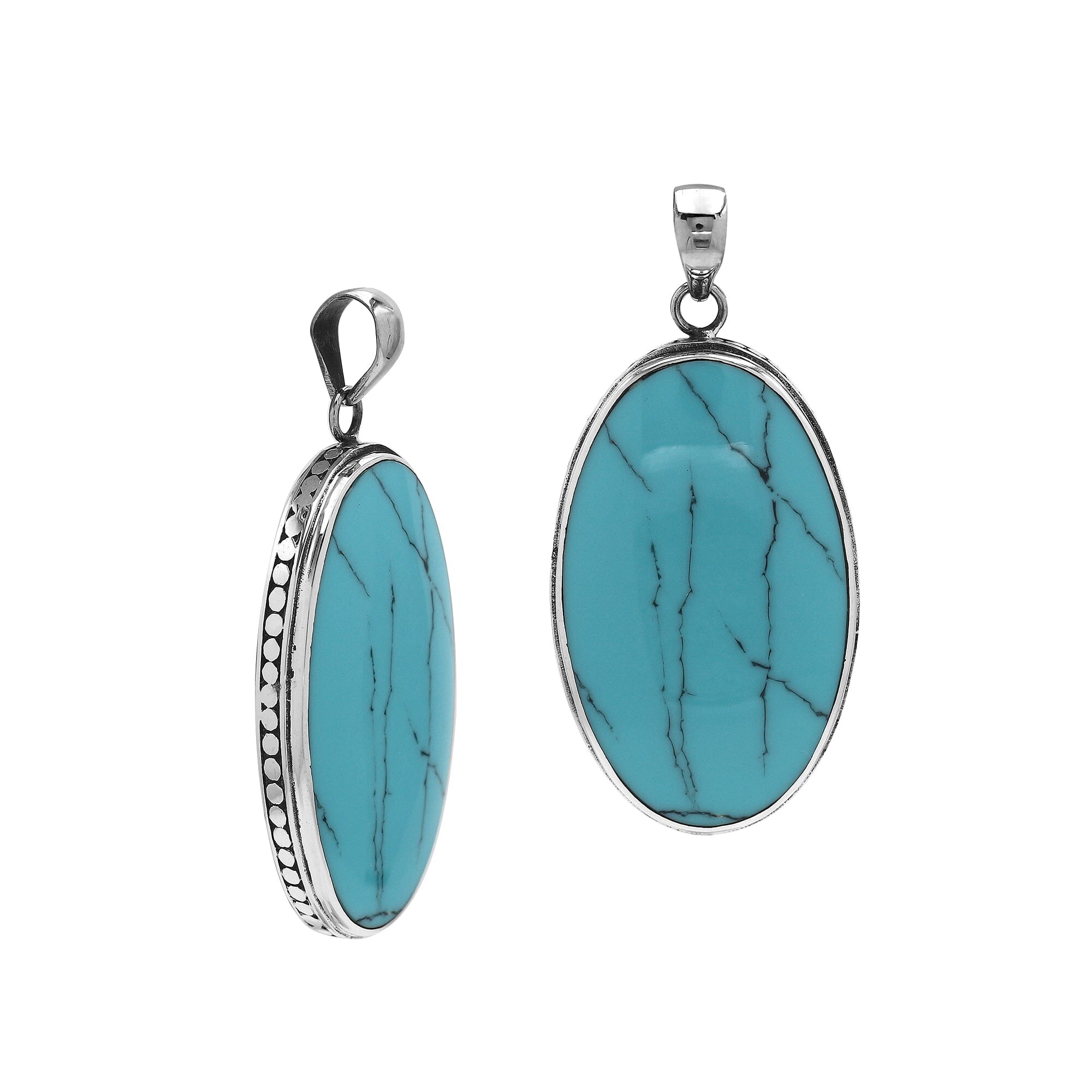 Sterling silver oval pendant with turquoise shell and hammered silver frame handcrafted in Bali