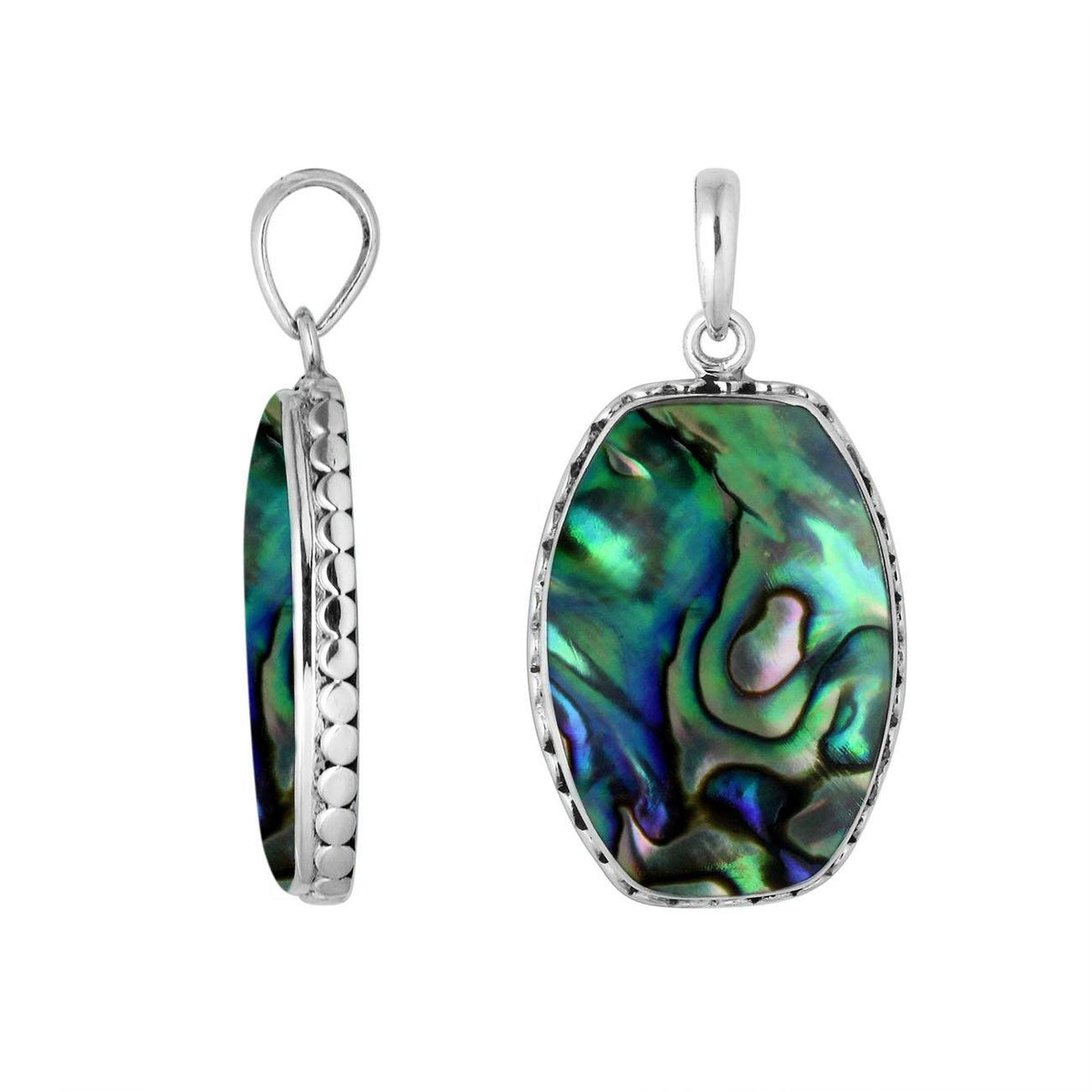 Sterling silver octagon pendant with abalone shell and hammered silver frame handcrafted in Bali
