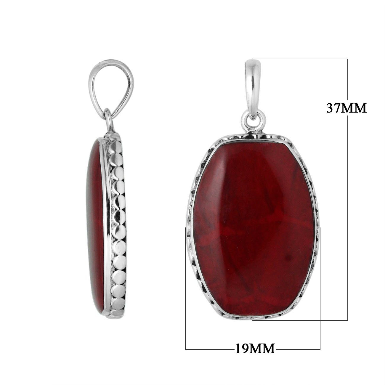 Sterling silver octagon pendant with red coral and hammered silver frame handcrafted in Bali