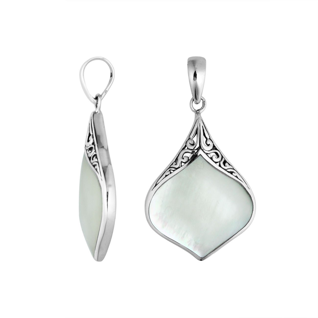 Sterling Silver Mother Of Pearl Drop Shape Pendant With Polished Balinese Design