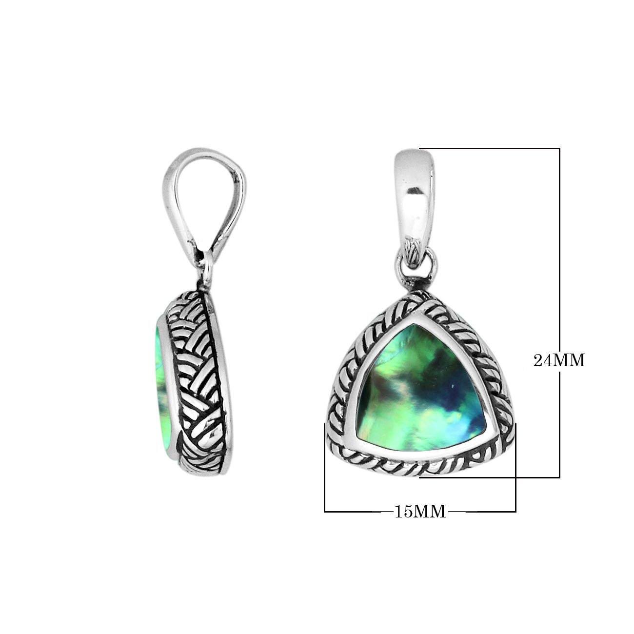 Sterling Silver Abalone Shell Triangular Pendant With Polished Balinese Design