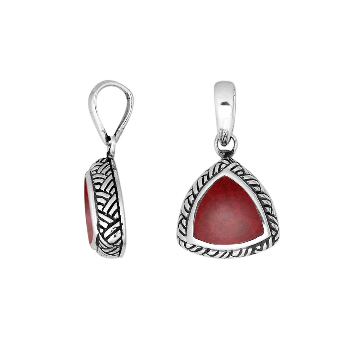 Sterling Silver Red Coral Triangular Pendant With Polished Balinese Engraving