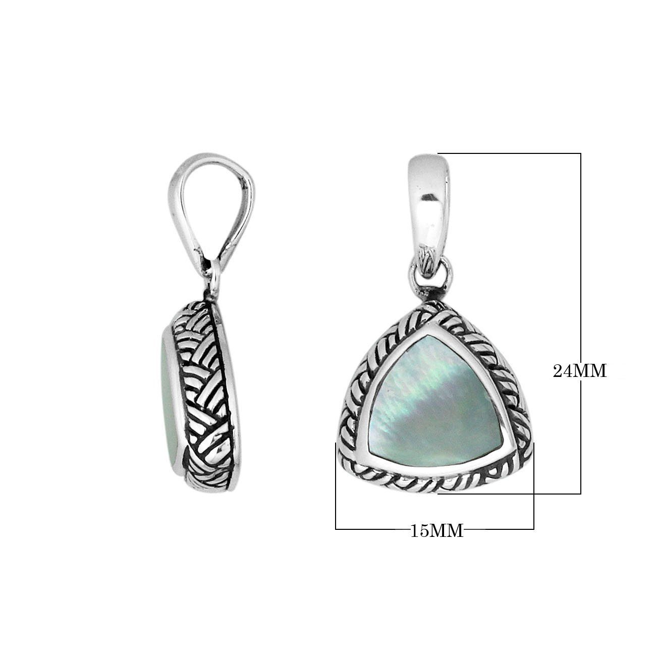 Sterling Silver Mother Of Pearl Triangular Pendant With Polished Balinese Design