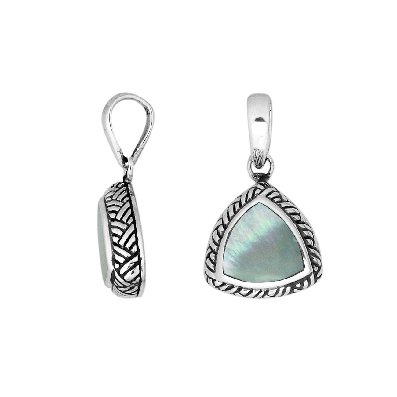 Sterling Silver Mother Of Pearl Triangular Pendant With Polished Balinese Design