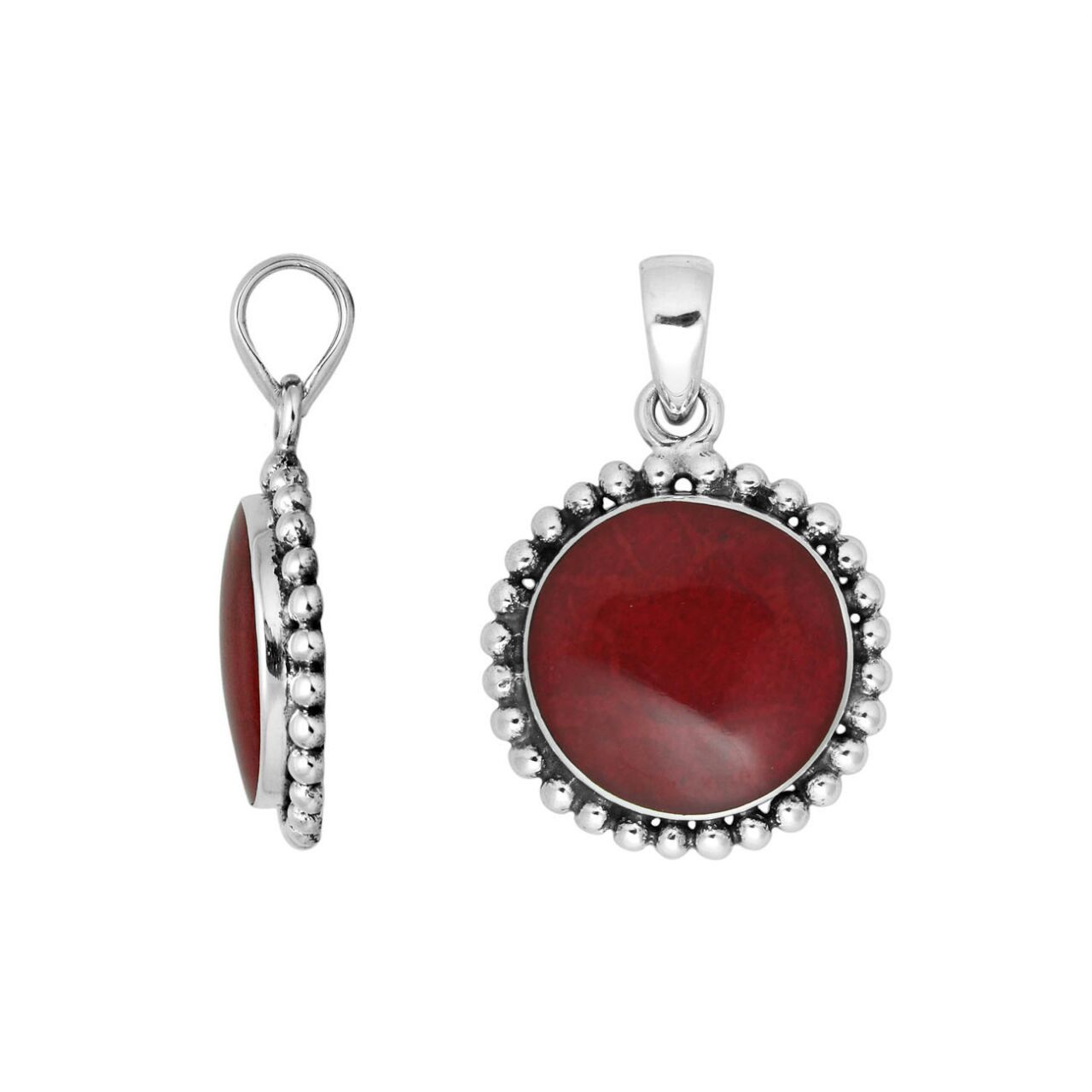 Sterling Silver Red Coral Round Pendant With Polished Beaded Silver Design