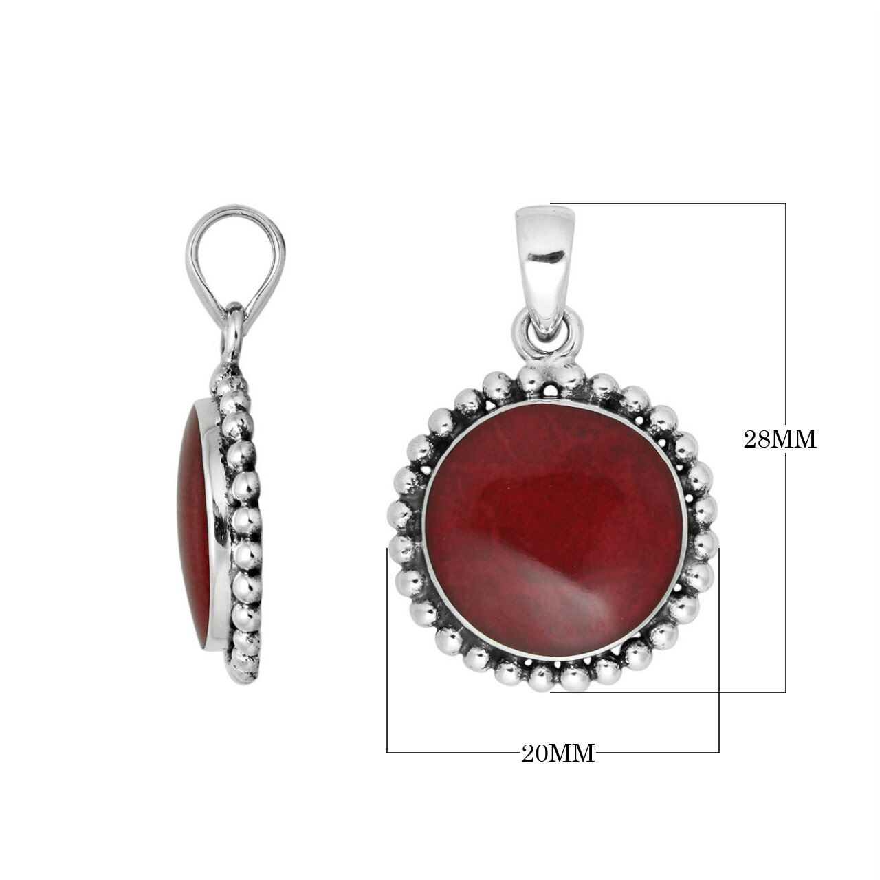 Sterling Silver Red Coral Round Pendant With Polished Beaded Silver Design