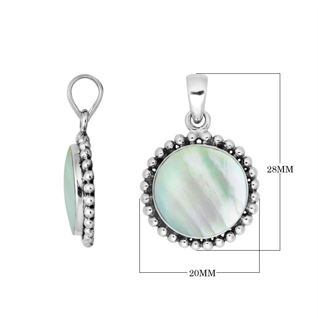 Sterling Silver Mother Of Pearl Round Pendant With Polished Beaded Silver Design