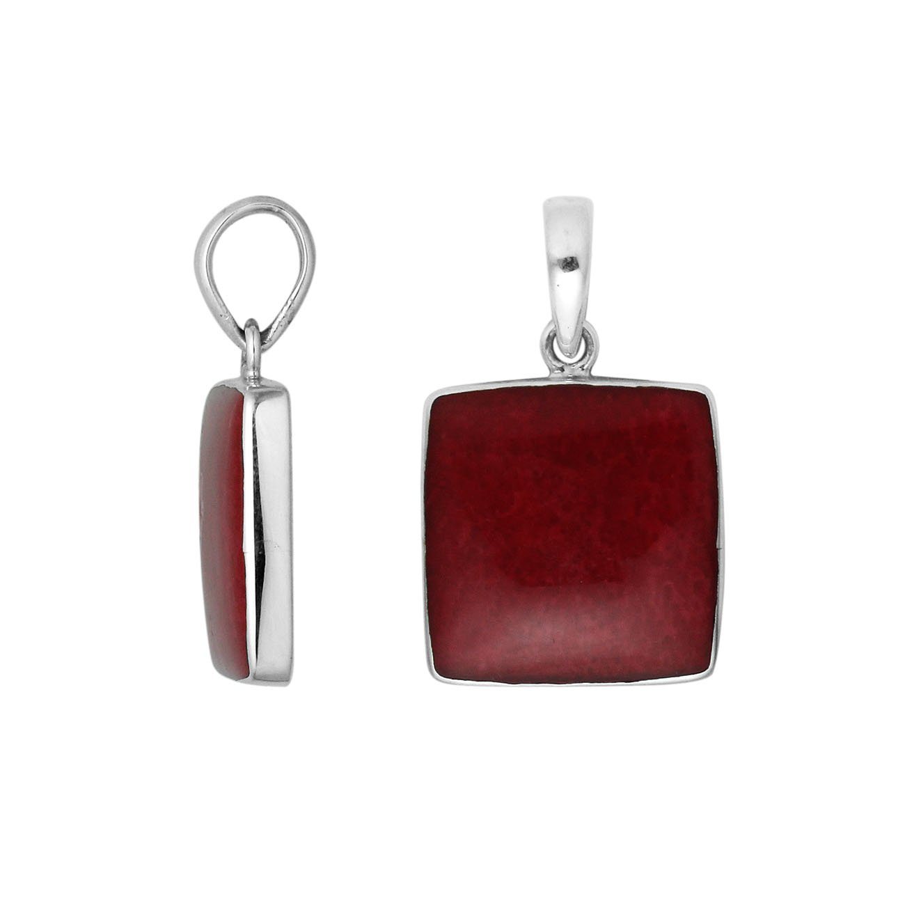 Sterling Silver Red Coral Square Pendant With Polished Silver Bezel