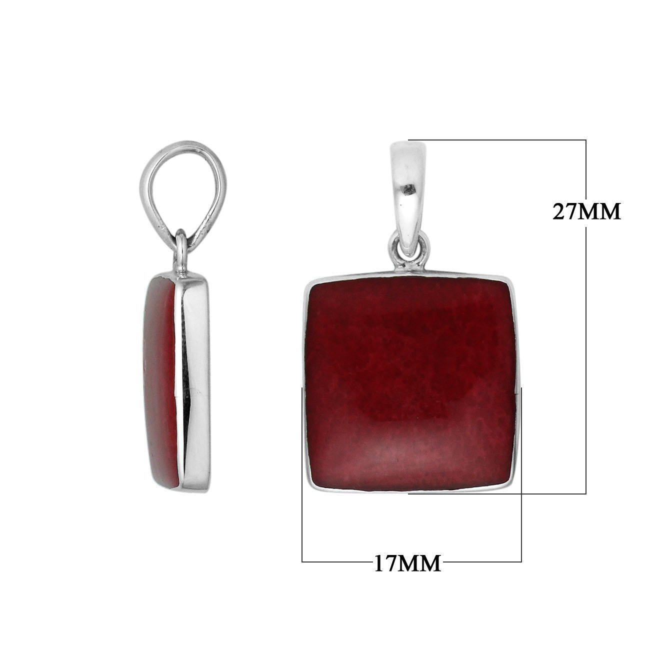 Sterling Silver Red Coral Square Pendant With Polished Silver Bezel