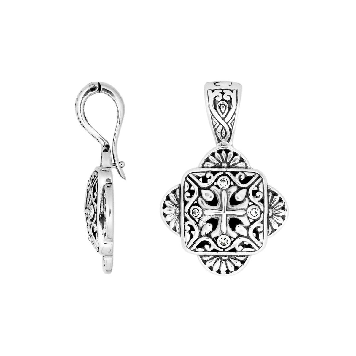 Sterling Silver Cubic Zirconia Cross Pendant With Balinese Engraving