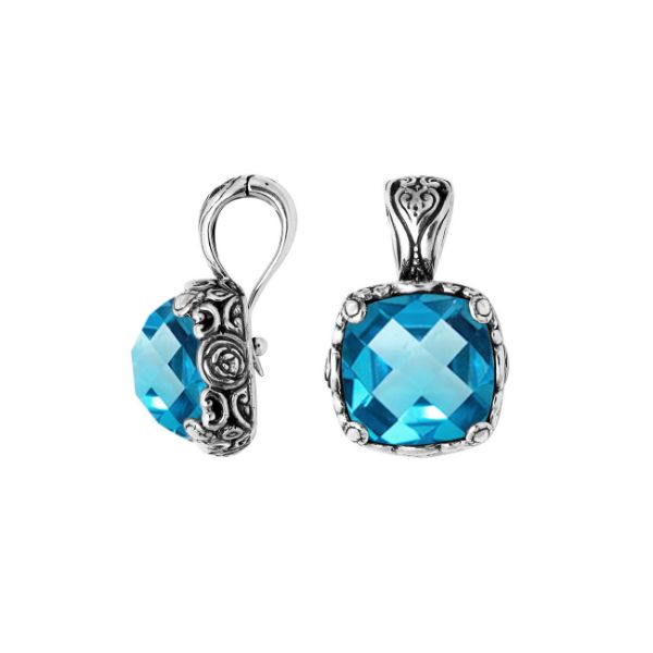 Sterling Silver Blue Topaz Quartz Square Pendant With Balinese Floral Engraving