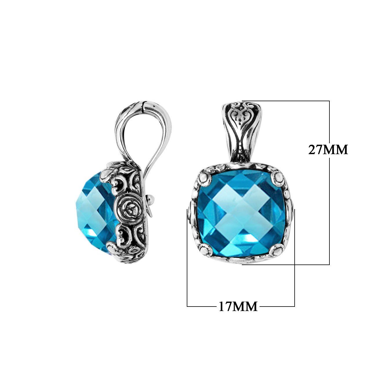 Sterling Silver Blue Topaz Quartz Square Pendant With Balinese Floral Engraving