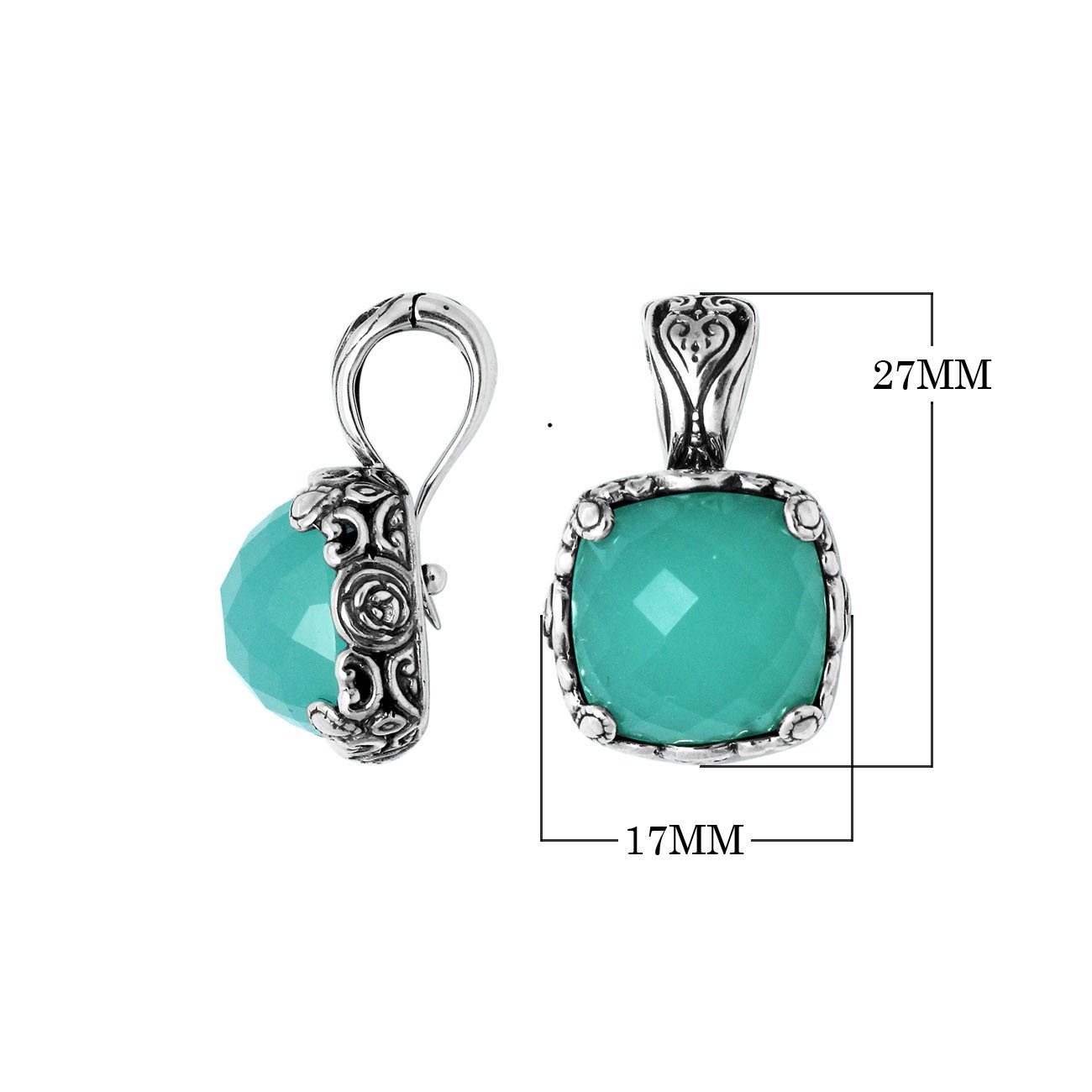 Sterling Silver Green Chalcedony Quartz Square Pendant With Balinese Handcrafted Design