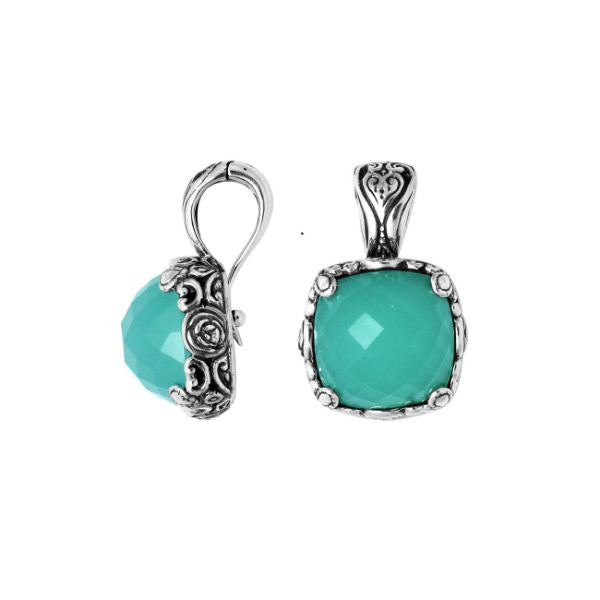 Sterling Silver Green Chalcedony Quartz Square Pendant With Balinese Handcrafted Design