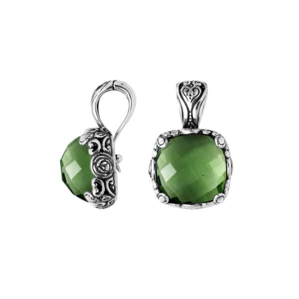 Sterling Silver Green Amethyst Quartz Pendant With Balinese Floral Handcrafted Detailing