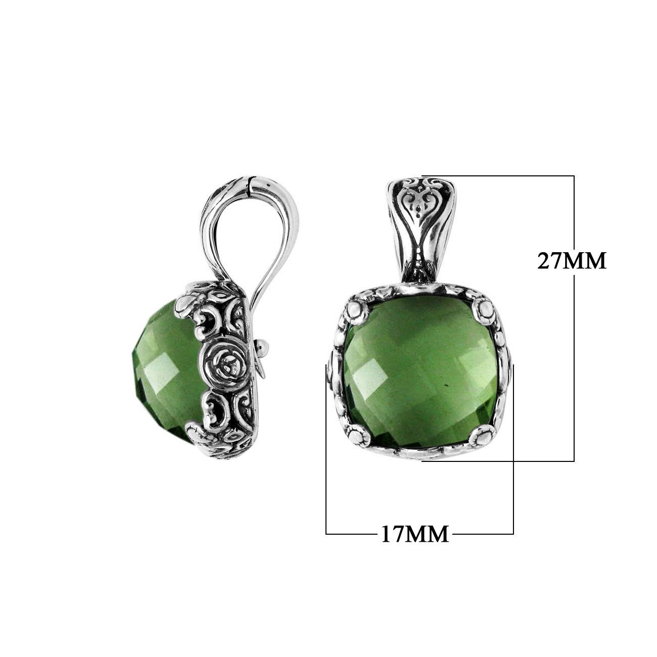 Sterling Silver Green Amethyst Quartz Pendant With Balinese Floral Handcrafted Detailing