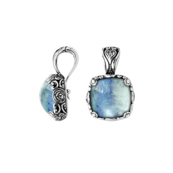 Sterling Silver Balinese Rainbow Moonstone Pendant With Cushion Cut Design