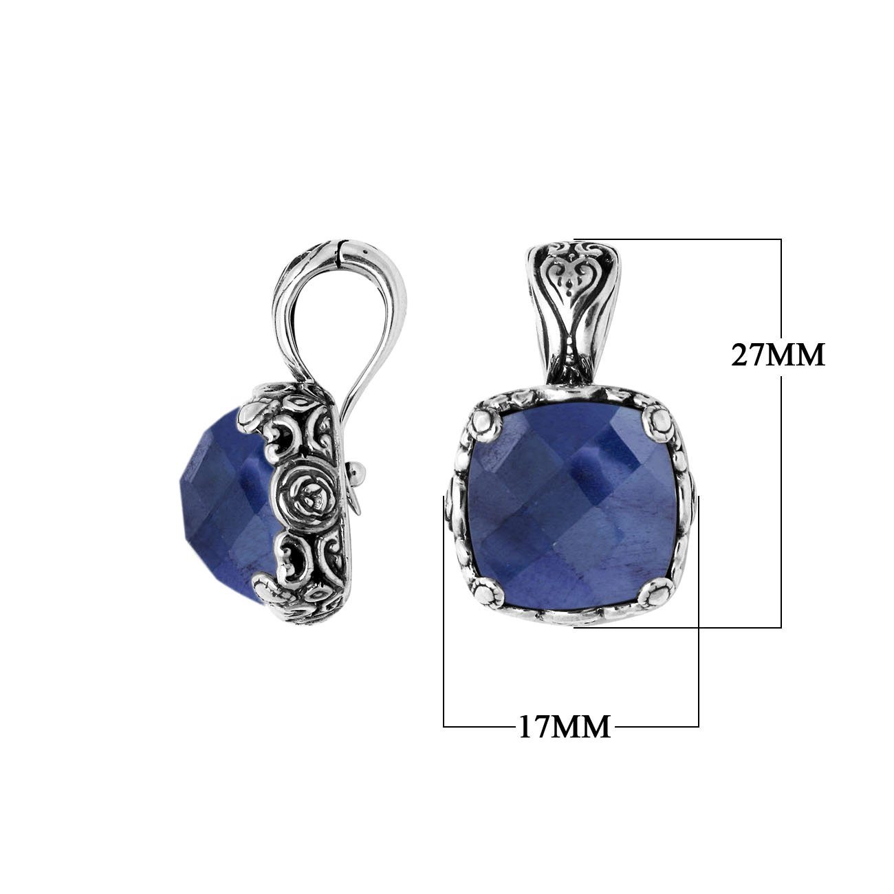 Sterling Silver Balinese Blue Sapphire Quartz Pendant With Cushion Cut Design
