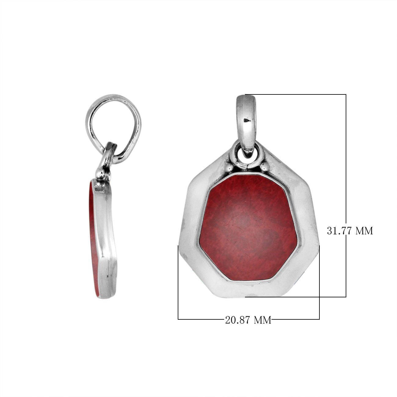 Sterling Silver Balinese Octagon Shape Red Coral Pendant