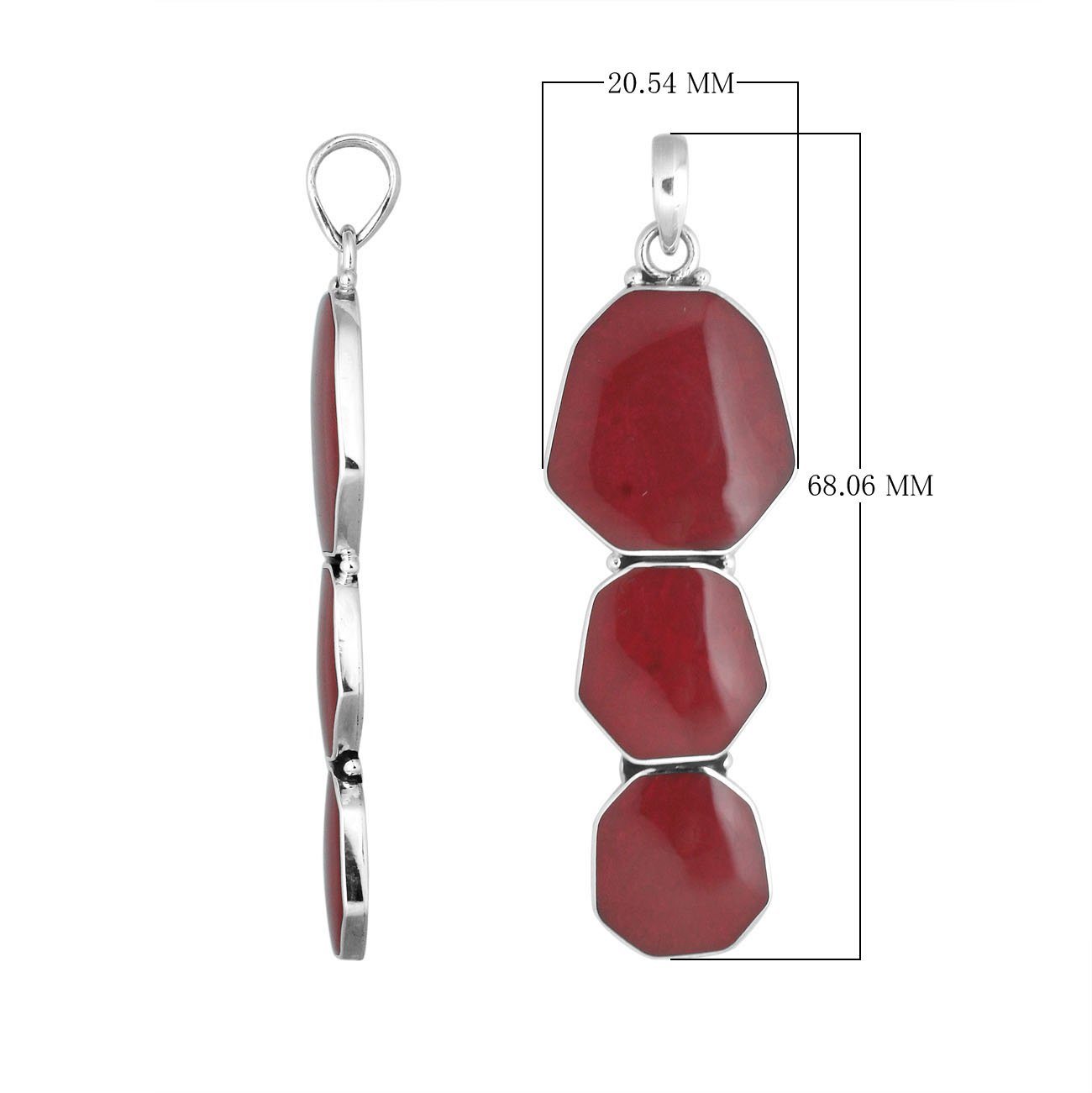 Sterling Silver Balinese Three-Link Red Coral Pendant With Octagon Design