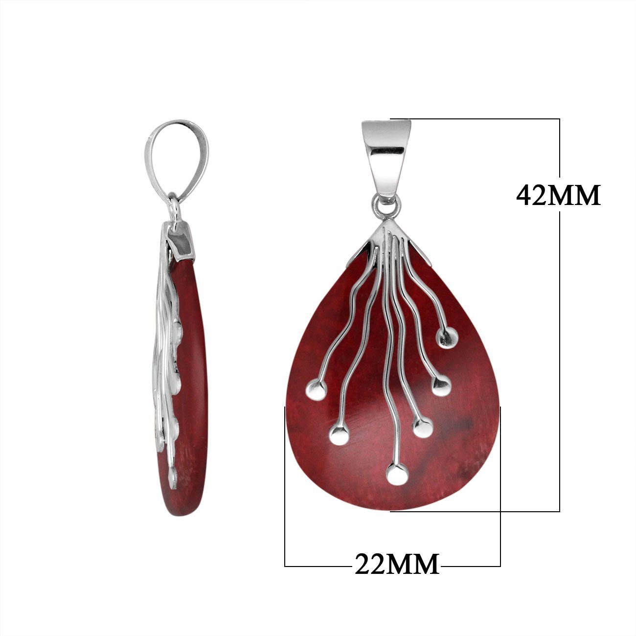 Sterling Silver Balinese Teardrop Shape Red Coral Pendant With Silver Wave Design