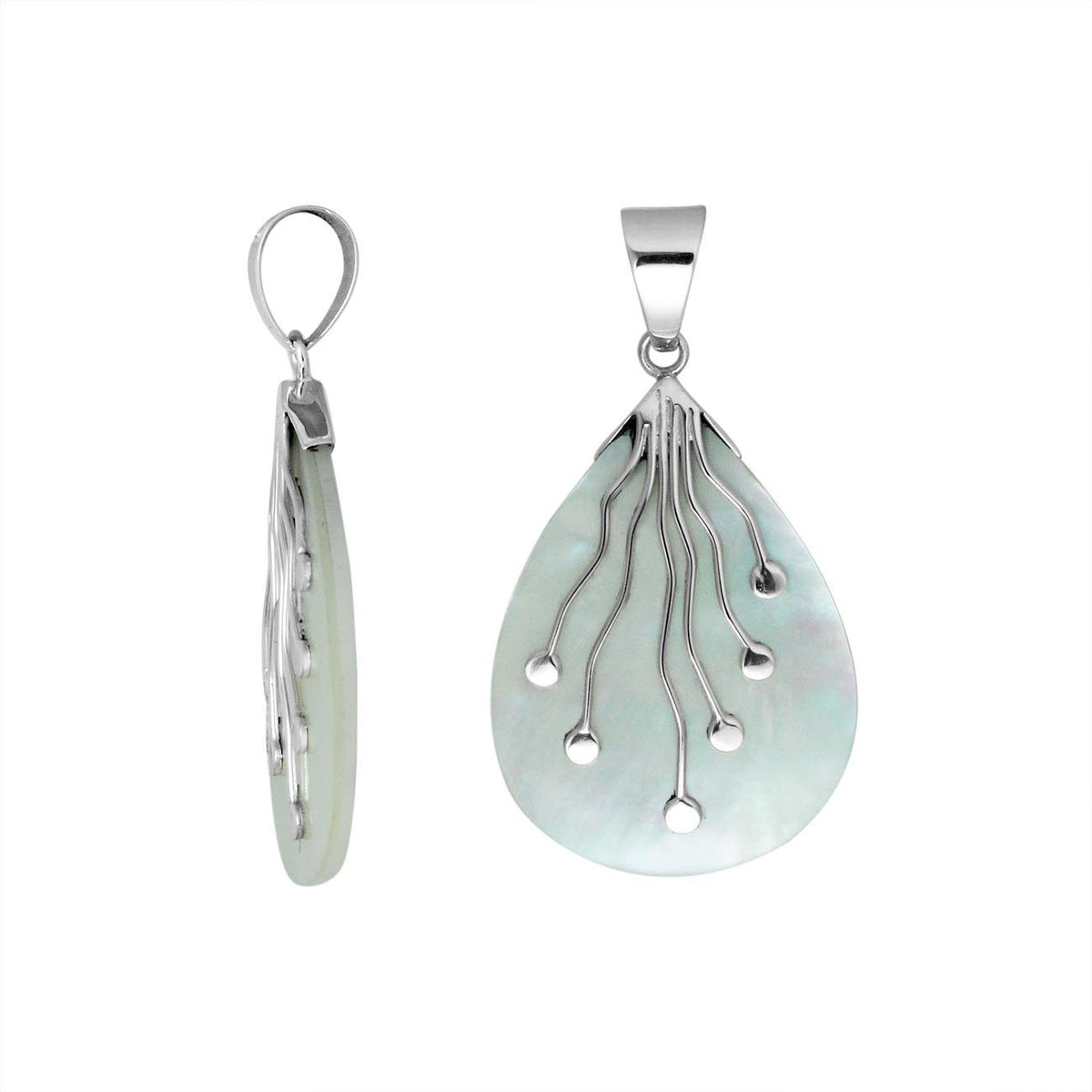 Sterling Silver Balinese Teardrop Shape Mother Of Pearl Pendant With Silver Wave Design