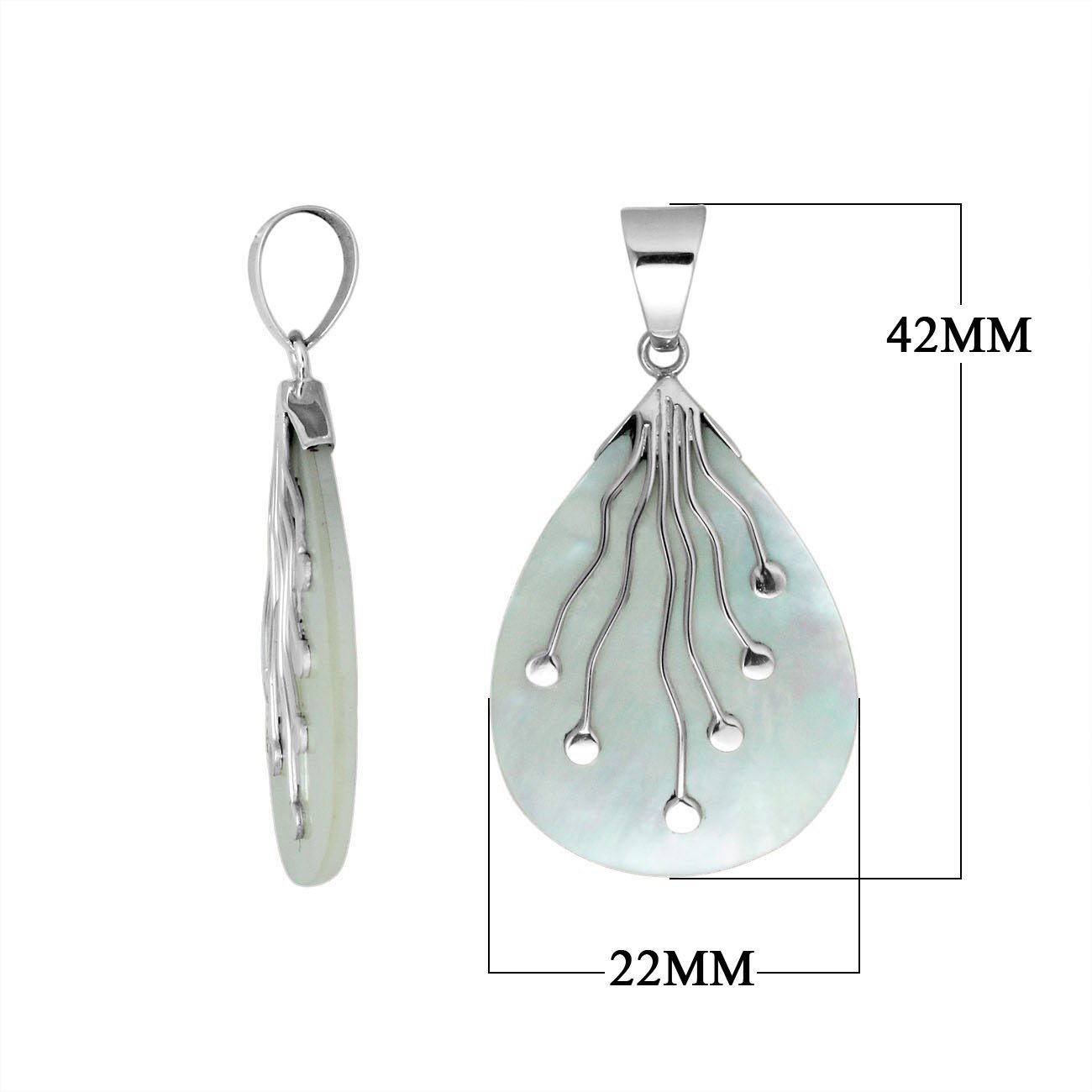 Sterling Silver Balinese Teardrop Shape Mother Of Pearl Pendant With Silver Wave Design