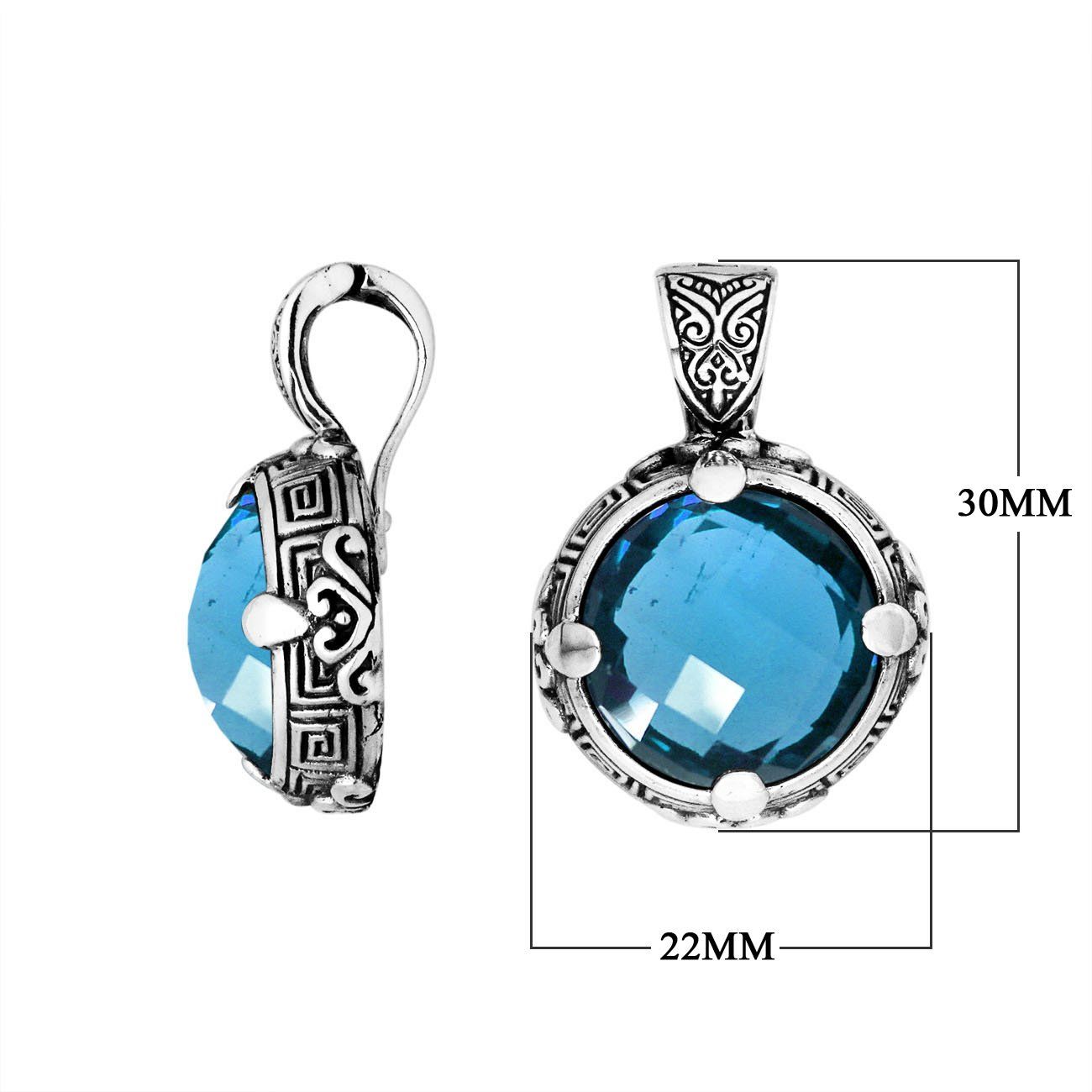 Sterling Silver Balinese Round Shape Blue Topaz Quartz Pendant With Carved Silver Frame