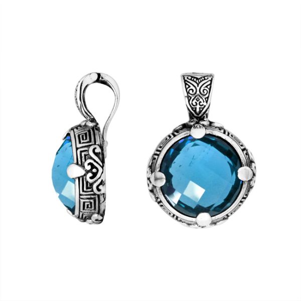Sterling Silver Balinese Round Shape Blue Topaz Quartz Pendant With Carved Silver Frame