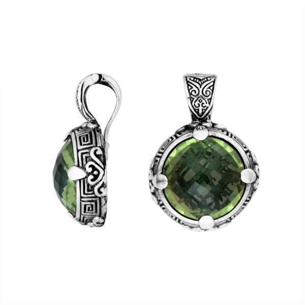 Sterling Silver Balinese Round Shape Green Amethyst Quartz Pendant With Carved Silver Frame