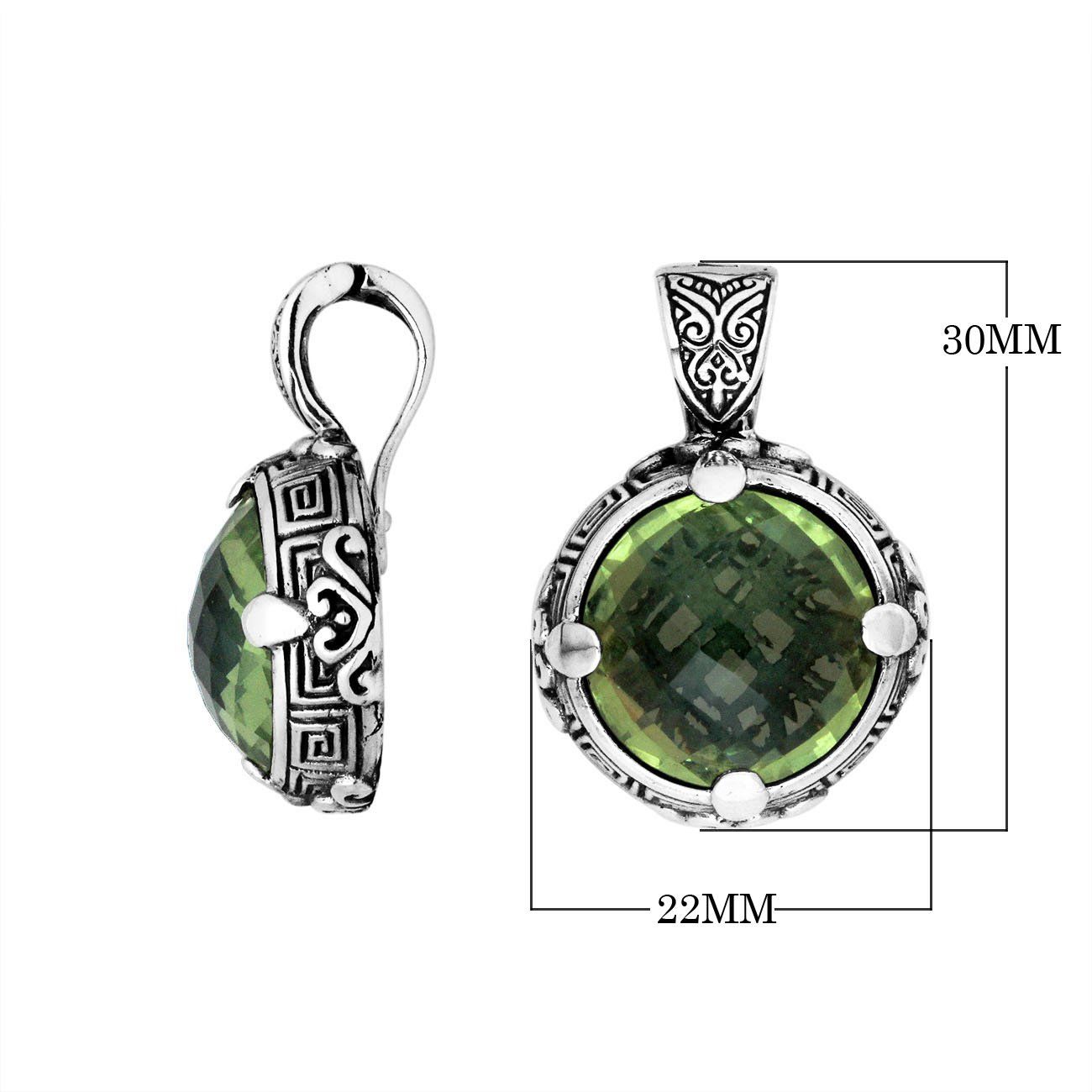 Sterling Silver Balinese Round Shape Green Amethyst Quartz Pendant With Carved Silver Frame