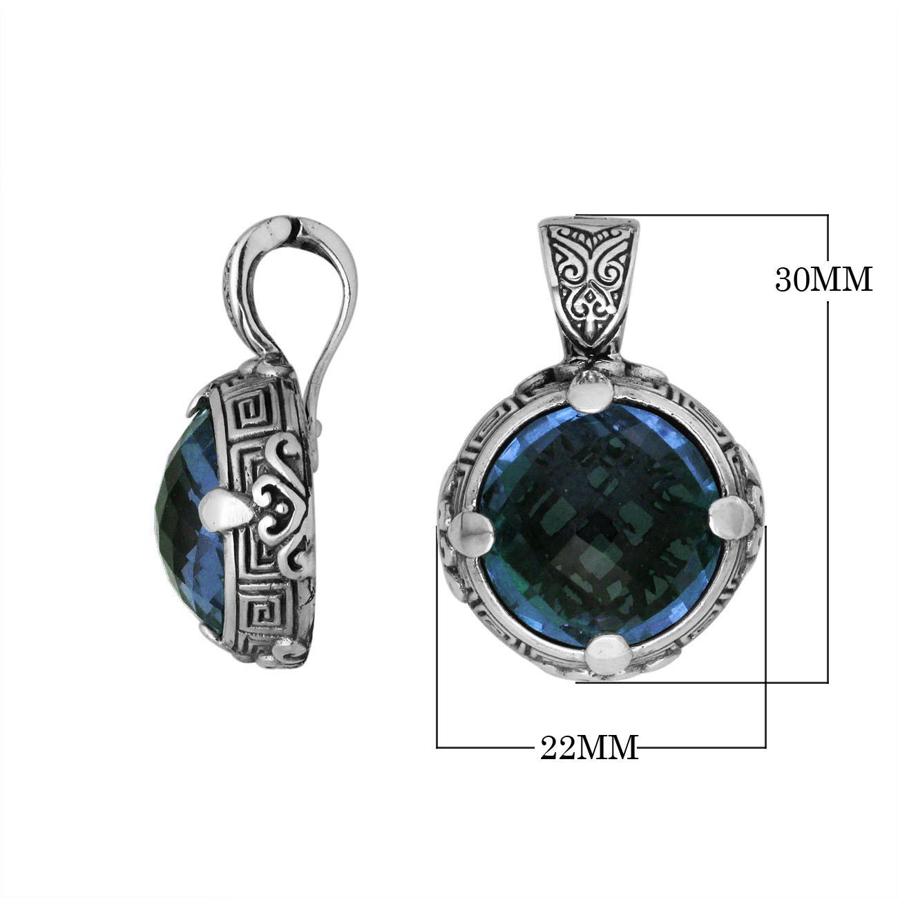 Sterling Silver Balinese Round Shape London Blue Topaz Quartz Pendant With Carved Silver Frame